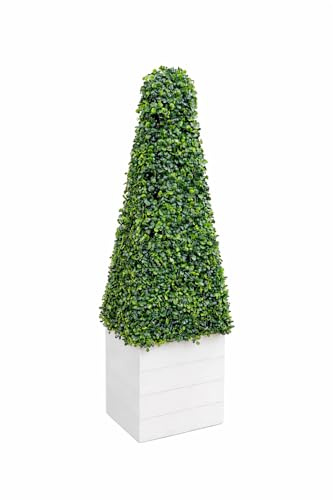 Artificial Buxus Pyramid Topiary Cone Plant 3ft (90cm) with White Planter, UV Resistant Faux Boxwood Tree for Indoor Outdoor Garden Patio Entrance Decor