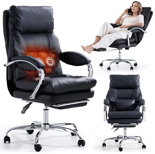 LEAGOO Heated Massage Office Chairs for Home, Reclining Executive Office Chair with Footrest for Lower Back, High Back PU Leather Ergonomic Comfy Heated Computer Desk Chair with Wheels, Black