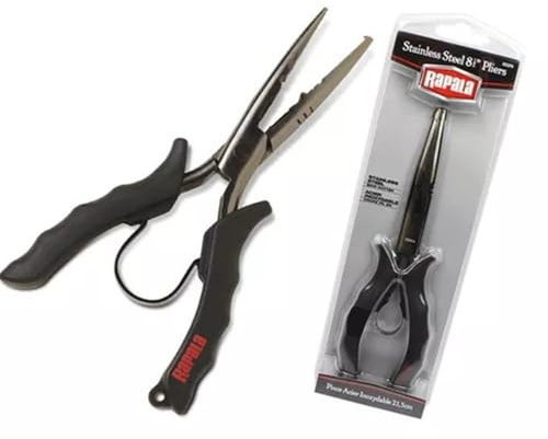 Rapala - Pince de Pêche Stainless Steel Pliers - Matériel de Pêche en Acier Inoxydable - Pince Multifonction avec Poignée Ergonomique - Ressort d’Ouverture - Orifice de Suspension - 22cm - Noir