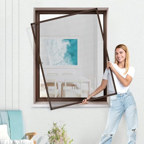 jarolift Fliegengitter für Fenster SlimLine Insektenschutz ohne Bohren, mit Alurahmen Spannrahmen, Mückenschutz Mückengitter, 90 x 150 cm, Braun