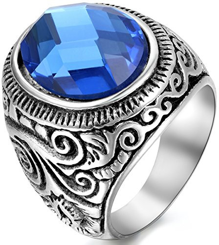 JewelryWe Ringe Herren Vintage Edelstahl: Herren-Ring Klassiker Retro Charm Blumen Schnitzerei Band Ring mit Glas Stein Blau Silber Größe 65