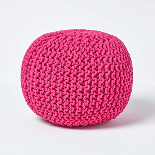 Homescapes Pouf Strickpouf rundes Bodenkissen, Sitzpouf 35 x 40 cm, gepolsterter Sitzhocker, Sitzpuff/Puff mit grob gestricktem Bezug aus 100% Baumwolle, Strickpuff, rosa