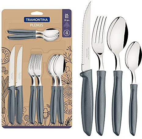Tramontina Plenus Cubertería para 4 Personas, 16 Piezas, Acero Inoxidable, Plástico, Gris