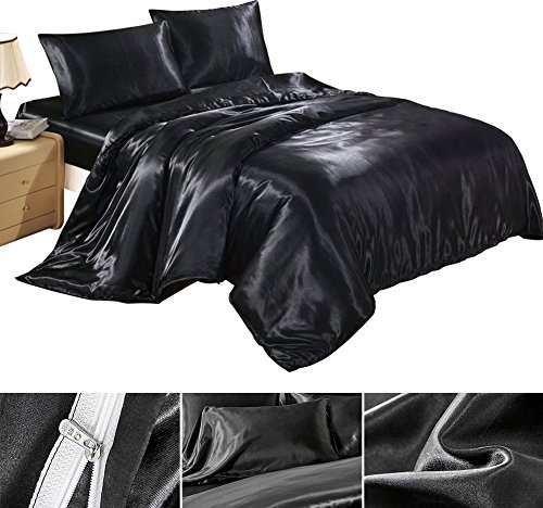 Completo Lenzuola Federa Lenzuolo Copripiumino in Satin Raso Singolo una Piazza Tinta Unita Nero (150 x 200)
