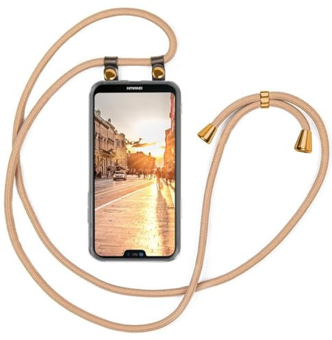 moex Handykette für Huawei P20 Lite Hülle mit Band abnehmbar, Handyhülle mit Kette zum Umhängen, Handyband Kordel Umhängehülle, Necklace Handy Umhängeband, Gold