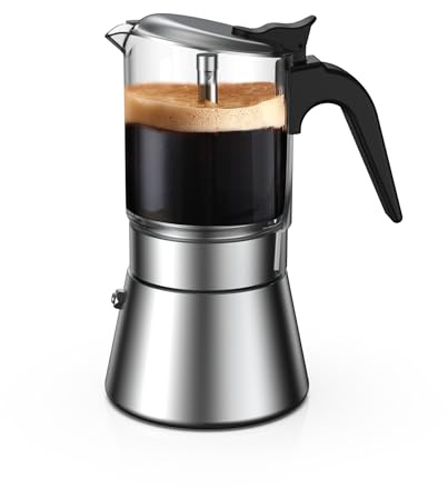 SIXAQUAE Moka Induction Stovetop Espresso Maker,Crystal Glass-top & Stainless Steel Espresso Moka Pot,Classic Italian coffee maker,240ml(6cup)