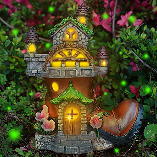 FORUP Maison de fée avec bottes - 25,4 cm - Décoration de jardin féérique - Lampes solaires - Figurine de jardin pour extérieur, terrasse, pelouse, cour, décorations de jardin
