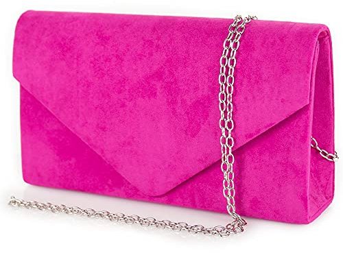 Emila Pochette fucsia donna cerimonia scamosciata elegante Borsa a mano piccola Clutch da sera borsetta per ragazza da signora party leggera con tracolla in catena Tessuto scamosciato Fuxia chiaro