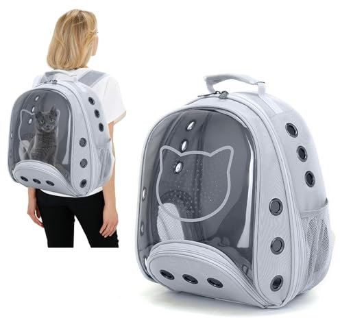 PETCUTE Katzenrucksack für Katzen und Kleine Hunde,Atmungsaktive Hunderucksack mit Abnehmbarer Matte,Katzen Rucksack bis 6kg,Faltbare Haustier Rucksack mit Transparentes Fenster,für Reisen Hellgrau