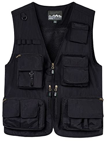 KTWOLEN Hombres Chaleco de Pesca Secado Rápido Malla Respirable Ligero Chaleco con Multibolsillos para Pesca Fotografía Caza Cámping Viajes, Negro, M