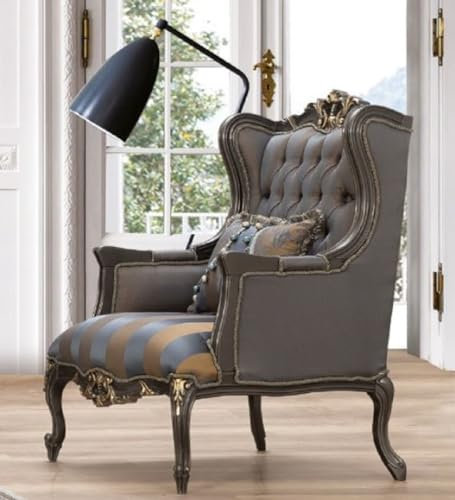 Casa Padrino Luxus Barock Ohrensessel Blau/Grau/Gold 75 x 83 x H. 115 cm - Prunkvoller handgefertigter Wohnzimmer Sessel mit dekorativem Kissen - Barock Wohnzimmer Möbel