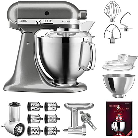 KitchenAid Küchenmaschine - P21 Profi Set Deluxe 185er (NM) - 5KSM185PSEMS inkl. Gemüseschneider (5KSMVSA), Zusatztrommeln (5KSMEMVSC), Fleischwolf Metall (5KSMMGA) und Kochbuch (Kochen & Backen)