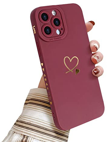 Newseego Hülle Kompatibel mit iPhone 13 Pro Max, Niedliches Goldenes Liebes-Herz-Muster-Design, Weiche Flüssige Silikonhülle mit Kleinen Herzen, Seitenrahmen, Schutzhülle für iPhone 13 Pro Max-Claret