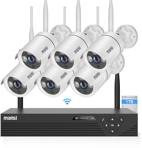 maisi 3MP Wireless Security Camera Systems, 8CH 2K NVR Recorder CCTV System, 6pcs 3MP Waterproof WiFi IP Camera (1-Way Audio, Continuous/Motion Recording, Email and APP Push Alert, 1TB Hard Drive)