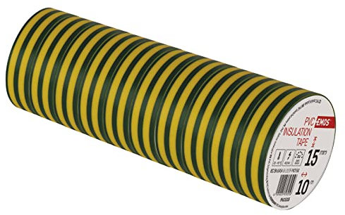 EMOS PVC-Isolierband Gelb-Grün 10er Pack, 15mmx10m, 0,13mm Bandstärke, selbstklebend, hohe Spannungsfestigkeit und Anwendungstemperaturbereich, UV-beständig, wasserdicht, ohne Textilgewebe