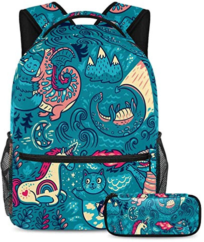 Allenada Leisure Campus Travel Backpacks with Pen Case, Yeti Dragon Unicorn cat Bags with Bottle Holder for Girls Boys