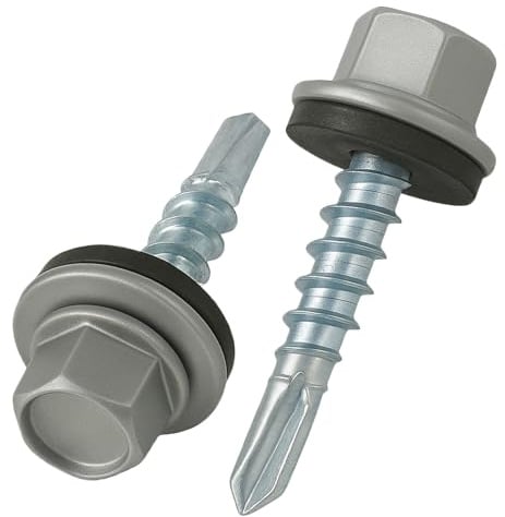 4.8 mm x 35 mm Vis de toiture, tête hexagonale autoperceuse colorée (RAL 9007 Aluminium gris) vis de toit avec rondelle scellée en EPDM, vis à gros filets trempés zingués antirouille (50 pièces)