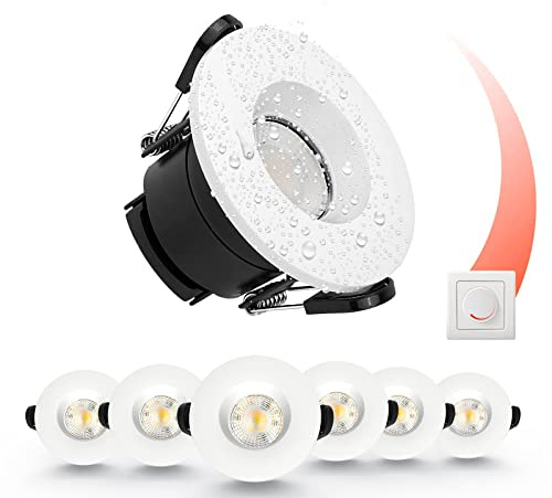 paul russells LED Recessed Downlight, Dimmable Warm/Cool/Day White 3 Adjustable CCT, 6Watt, IP65 Water, Dust & Fireproof Round Spotlight with Fixed Bulb and White Bezel Ceiling Lights, 6 Packs
