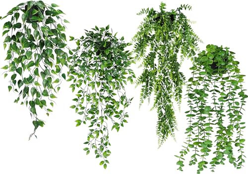NANQWIN 4 Pack Kunstpflanze Hängend im Topf, Rebe Grünpflanze Hängend Balkonpflanzen Plastikpflanzen für Indoor Outdoor Garten(Typ A)