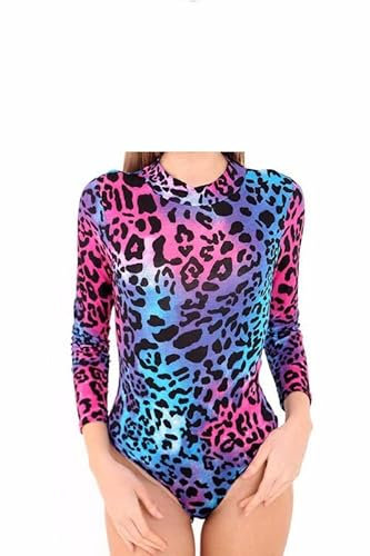 Prime fashions Damen Rollkragen-Body für Damen, langärmelig, Stretch, bedruckt, Gymnastikanzug, Top Größen, Neon Leopard, S-M