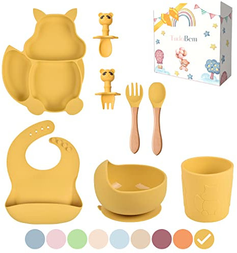 TudoBem Set Pappa Svezzamento 8 Pezzi – 1 piatto svezzamento con Ventosa, 1 Bavaglini Neonato, 1 Ciotola Antiscivolo, 2 Posate Bambini, 1 Cucchiaino Svezzamento, 1 Bicchiere Neonato 6 Mesi Prima Pappa