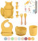 TudoBem Coffret Repas Bebe Silicone [8 Pièces], Assiette Ventouse pour Bébé + Bavoir Ajustable + Bol Antidérapant + Cuillere/Fourchette 1er âge et 2ème Age + Verre, Cadeau Naissance (Jaune)