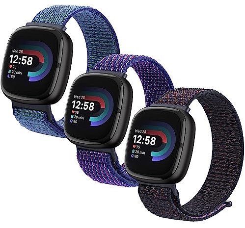 Yeahxing Nylon Armband Kompatibel mit Fitbit Versa 4/Versa 3/Sense 2/Sense 1; 3Packs Nylon Solo Loop Sport Weiches Atmungsaktiver Verstellbarer Uhrenarmband Herren Damen