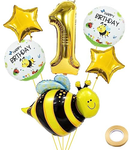 Weenkeey Große Biene Folienballon für 1. Geburtstag - Honigbienen Ballon, Gold Zahl 1 Luftballon für Baby Shower, Mädchen Jungen Party Deko