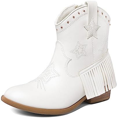 DREAM PAIRS Girls Cowgirl Cowboy Ankle Western Boots Side Zipper Riding Shoes with Tassel Little Kid/Big Kid,Size 13 Little Kid,White,SDBO2302K