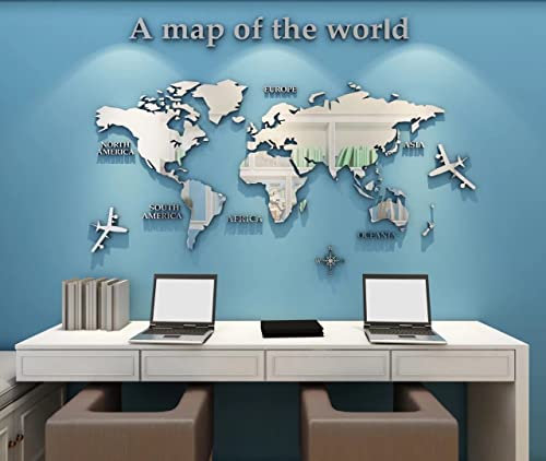 Poster Weltkarte Mirror Wall Art Spiegel Aufkleber Zarta Wandtapete Wand Kinder Sätze 3D Mac Wandbild Dekoration für Wohnzimmer, TV Par,Büro Silber 120 x 60 cm