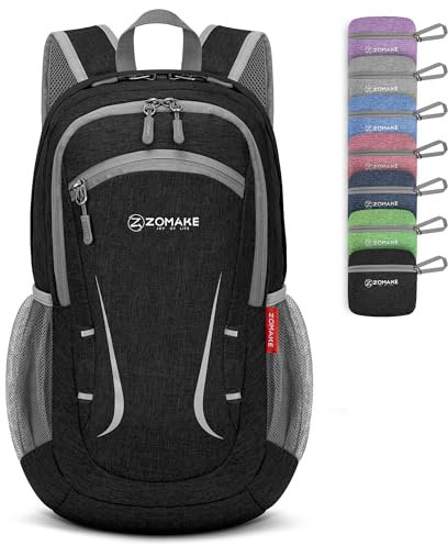 ZOMAKE Bag Kleiner Faltbarer Rucksäcke Leichter Rucksack 20l für Sports Wandern Reisen und Städtetrips,Tagesrucksack für Frauen Herren(Schwarz)