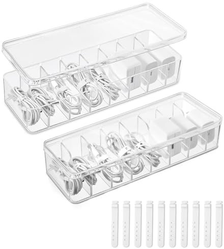 Casenly Boîte de Rangement pour Câbles, 2 Pièces Boite Rangement Plastique avec 10 Attaches de Câble Boîte de Rangement Cable et Chargeur 8 Compartiments pour Maison Bureau