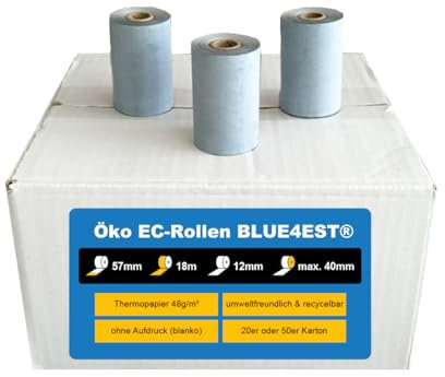 Gebongt24 Blue4est® Öko Thermorolle 57 mm x 18m x 12 mm - umweltfreundliches Thermopapier 52 g/m² - 50 Kassenrollen mit ca. 38 mm Rollendurchmesser - Ökobon für EC-Cash und Kassenbondrucker