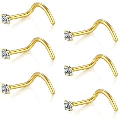 FECTAS Nose Ring Screw Nose Stud 18G Corkscrew Nose Piercing Jewellery Stainless Steel 1.5mm Diamond CZ Gold