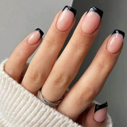 24Pcs Square False Nails Short French Tip Press on Nails Nude Pink Acrylic Stick on Nails with Glue Sticker Removable Elegant Black Border Design Fake Nails for Women Girls Nail Art Accessories