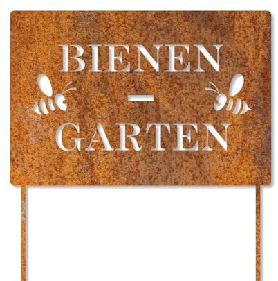 Feuerfest 123 Deko-Schild Bienen-Garten I 30x20 cm I Stilvoller Gartenstecker aus robustem 1 mm Cortenstahl I Hochwertige Edelrost-Gartendeko I Langlebiges Garten-Schild aus präziser Handarbeit