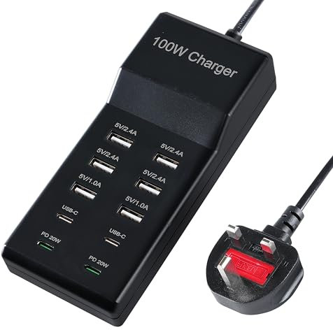 Alyphyly Black USB Charger,100W USB Charging Station with 10-Port(6 USB-A Port&2 USB-C Port&2 PD20W) Compatible with iPhone 15/14/13/13pro Max 12/12 Mini/12Pro/12 Pro Max/11,Tablets