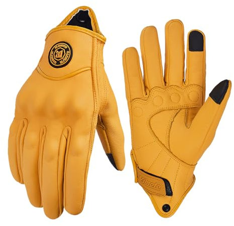 mjmoto Klassische Motorradhandschuhe aus Leder, Perforiert, für Herren, Gelb, für Straßenmotorrad und Rennrad (Gelb, L)