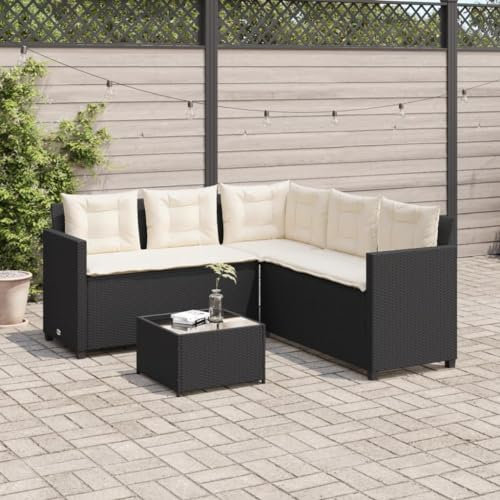 Homgoday Gartensofa in L-Form mit Tisch und Kissen Schwarz Poly Rattan Gartenmöbel Model369039