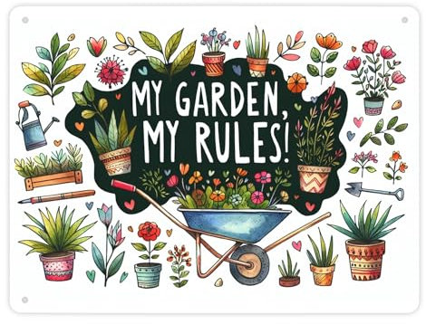 Schubkarre im Garten Metallschild XL in 21x28 cm mit Spruch My Garden, My Rules! Perfekte Deko für Ihren Garten Meine Garten meine Regeln Bunt und Ideal für Gartenarbeit