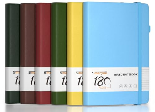 Smarpau 6 Pack A5 Notebooks - Hardcover Leather Lined Journals with 100gsm Thick Paper, 180 Pages College Ruled Journal Notebook for Men Writing School Office, 14.5 x 21 cm - Classic Colours