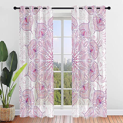 Odot 2er Set Voile Vorhänge Sheer Vorhang mit Ösen, 3D Buntes Mandala-Totem Druck Transparent Gardinen Ösenschal für Wohnzimmer, Schlafzimmer, Sonnenlichtfilterung (140x275cm,Hell-Pink)