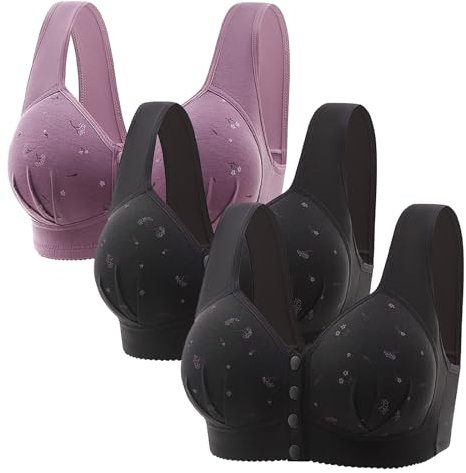 3 Pack Front Fastening Bras for Women Everyday Sports Non Wired - Wireless Bras for Women Cotton Super Comfort Daisy Bras for Older Women Fashion Prints Push Up Bras for Women Padded Soft Bras Grey