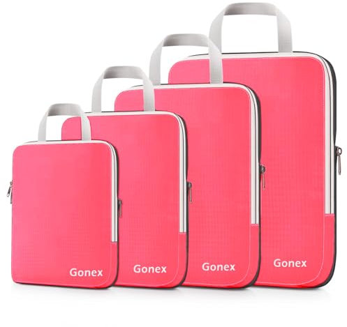 Gonex Compression Packing Cubes Extensible Organizer Bags For Travel Suitcase Organization Set of 4 Bags (Bright Pink)