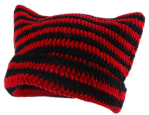 Cat Ear Beanie Wintermützen Mit Katzenohren Gestreifte Häkeln Katzenmütze Y2k Strickmütze Elastische Mütze Women Cat Beanies Y2k Gothic Knitted Kawaii Winter Handmade