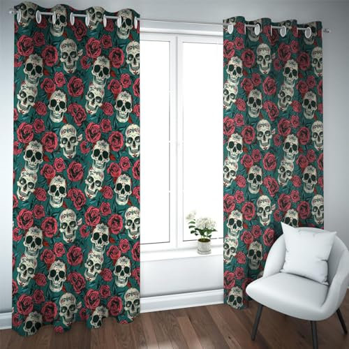 Deertweet Home Lustige Totenkopf Fenstervorhänge für Schlafzimmer Wohnzimmer Rote Rosen Verdunkelung Wärmeisolierte Vorhänge Halloween Grüne Fenstervorhänge 2 Paneele H229xB229