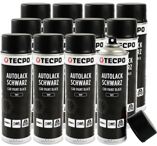 TECPO Lot de 12 bombes de peinture de voiture en spray - 500 ml - Noir mat - Pour carrosserie et jantes - Séchage rapide