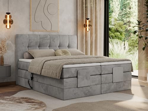 MKS MEBLE Boxspringbett 160x200 elektrisch verstellbar 7-Zonen Taschenfederkern Matratze mit TopperBett mit Motor Polsterbett Motorbett - Vittoria - Hellgrau Velvet - H4