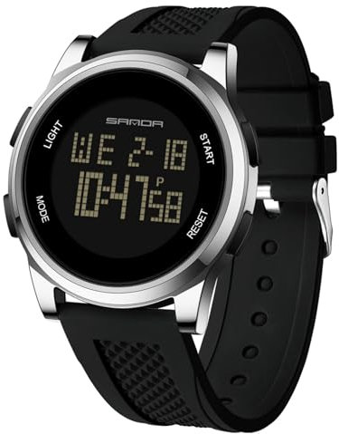 Yuxier Orologio sportivo da uomo, impermeabile, cronografo, digitale, con retroilluminazione a LED, sveglia, data, argento e nero, Cinturino