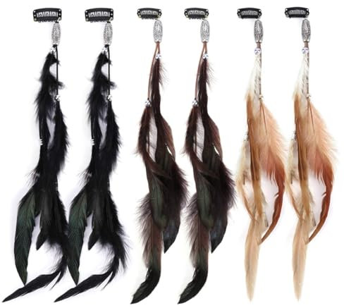 6 Stück Federn Haar Extensions, Boho Federn Haarschmuck, Kopfschmuck Haarverlängerung, Hippie Kopfschmuck mit Pfauenfedern, Boho Haarschmuck für Faschingskostüm Karneval